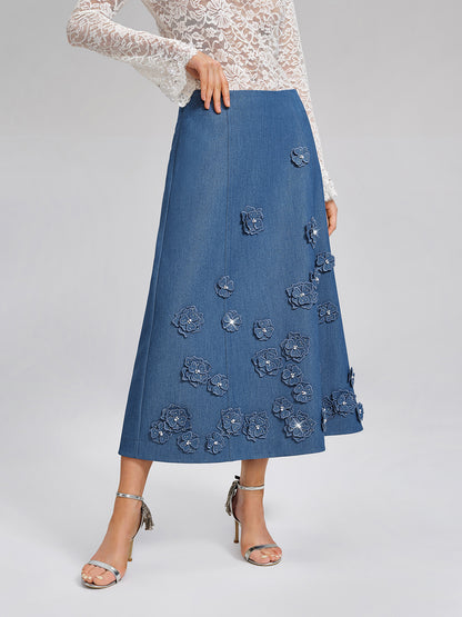 3D Floral Hand-Beaded Pearl Rhinestone Skirt