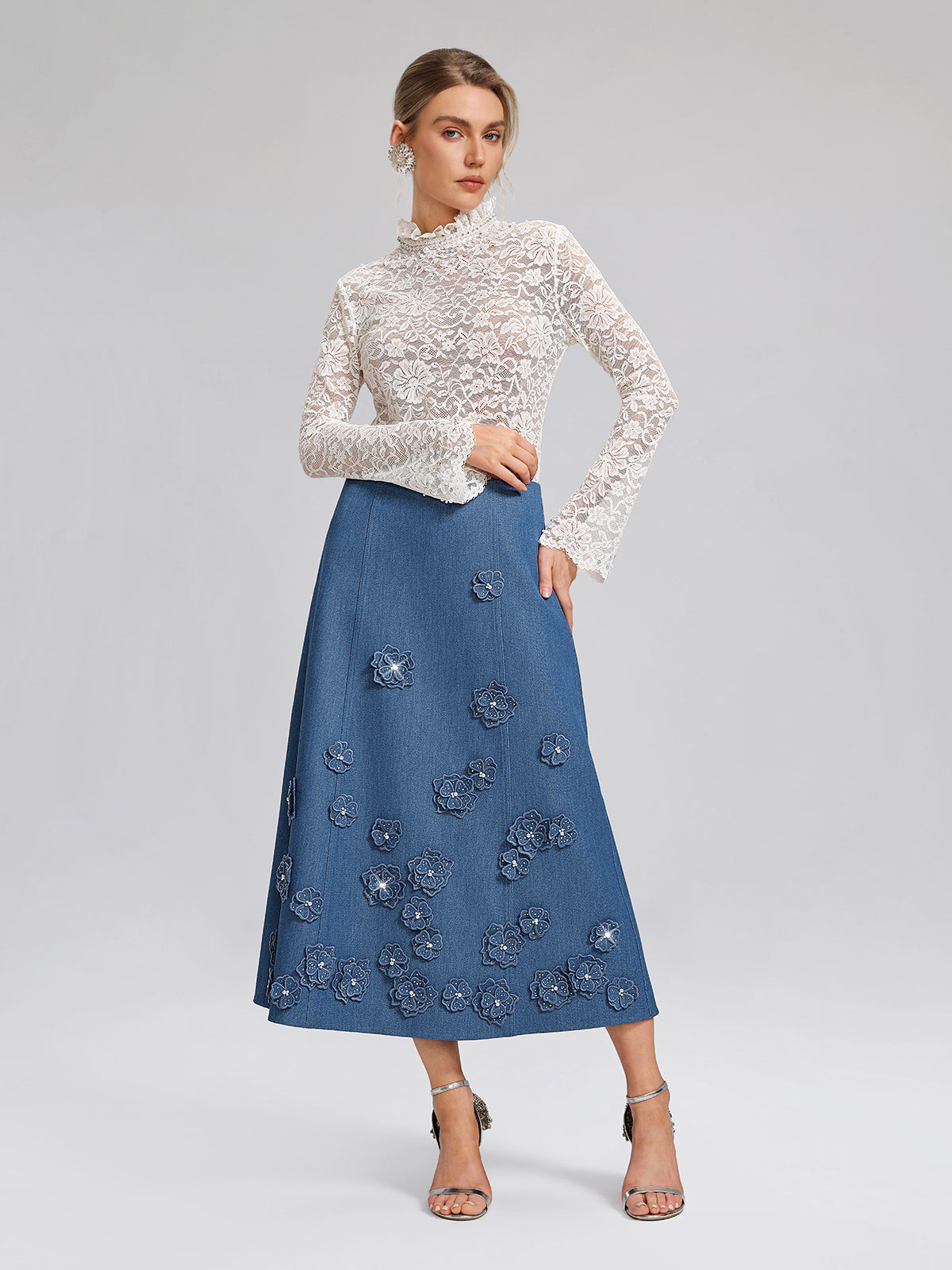 3D Floral Hand-Beaded Pearl Rhinestone Skirt