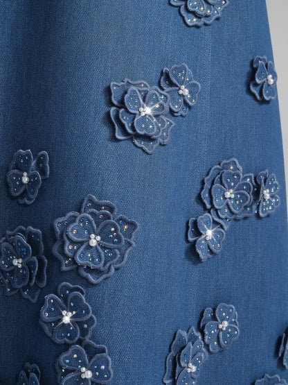 3D Floral Hand-Beaded Pearl Rhinestone Skirt