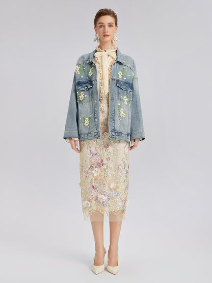 Hand-Beaded Washed Denim Jacket