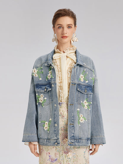 Hand-Beaded Washed Denim Jacket
