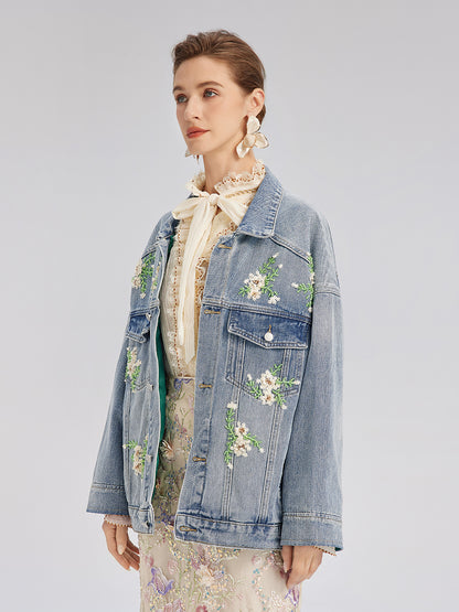 Hand-Beaded Washed Denim Jacket