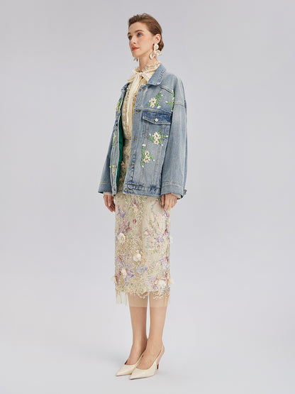Hand-Beaded Washed Denim Jacket