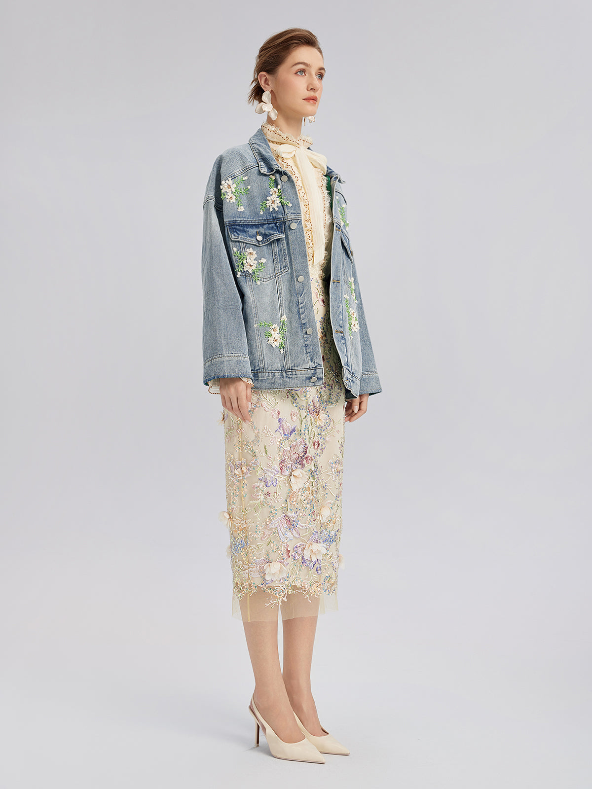 Hand-Beaded Washed Denim Jacket