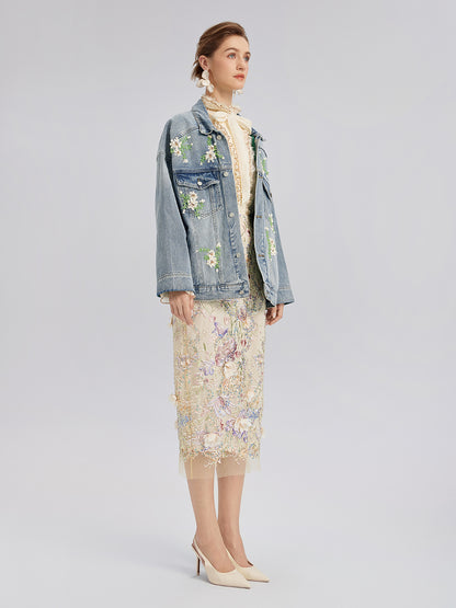 Hand-Beaded Washed Denim Jacket