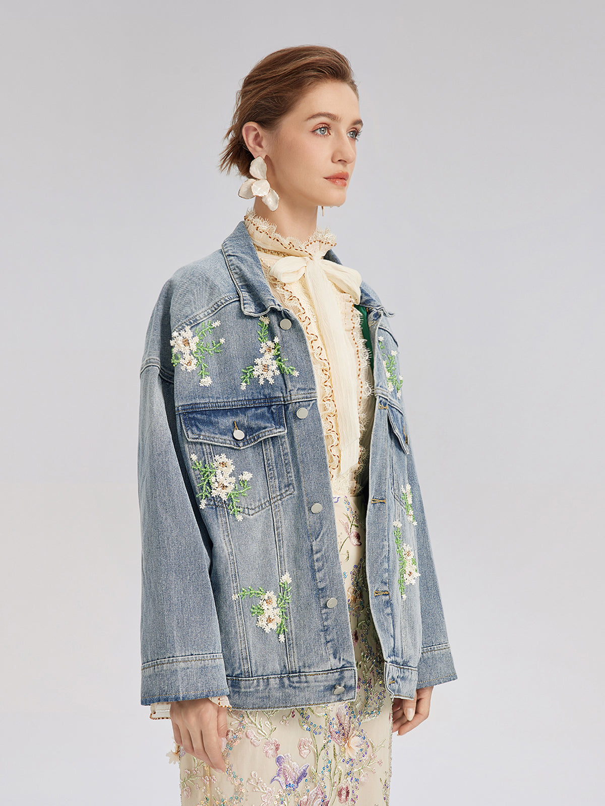 Hand-Beaded Washed Denim Jacket