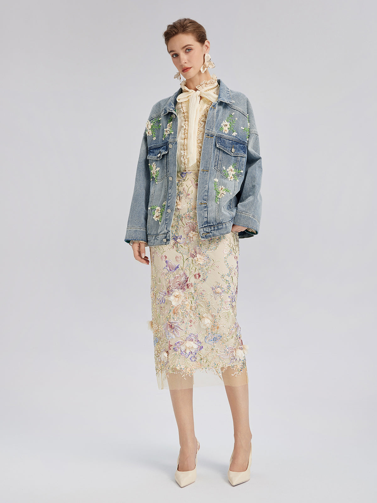 Hand-Beaded Washed Denim Jacket