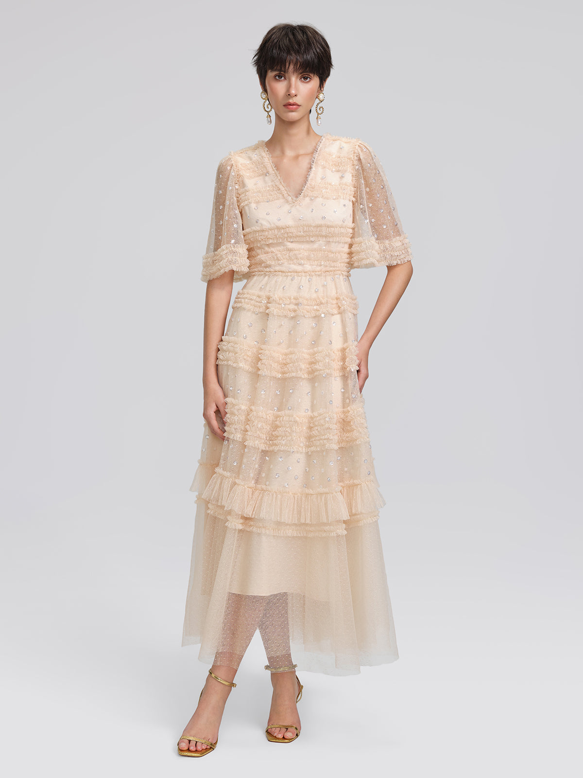 Sequin Embroidered Tulle Ruffled Maxi Dress