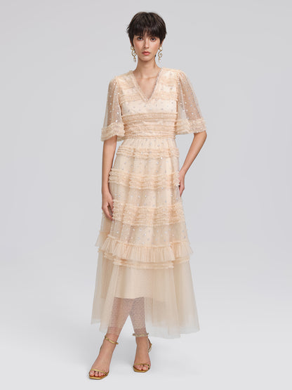 Sequin Embroidered Tulle Ruffled Maxi Dress
