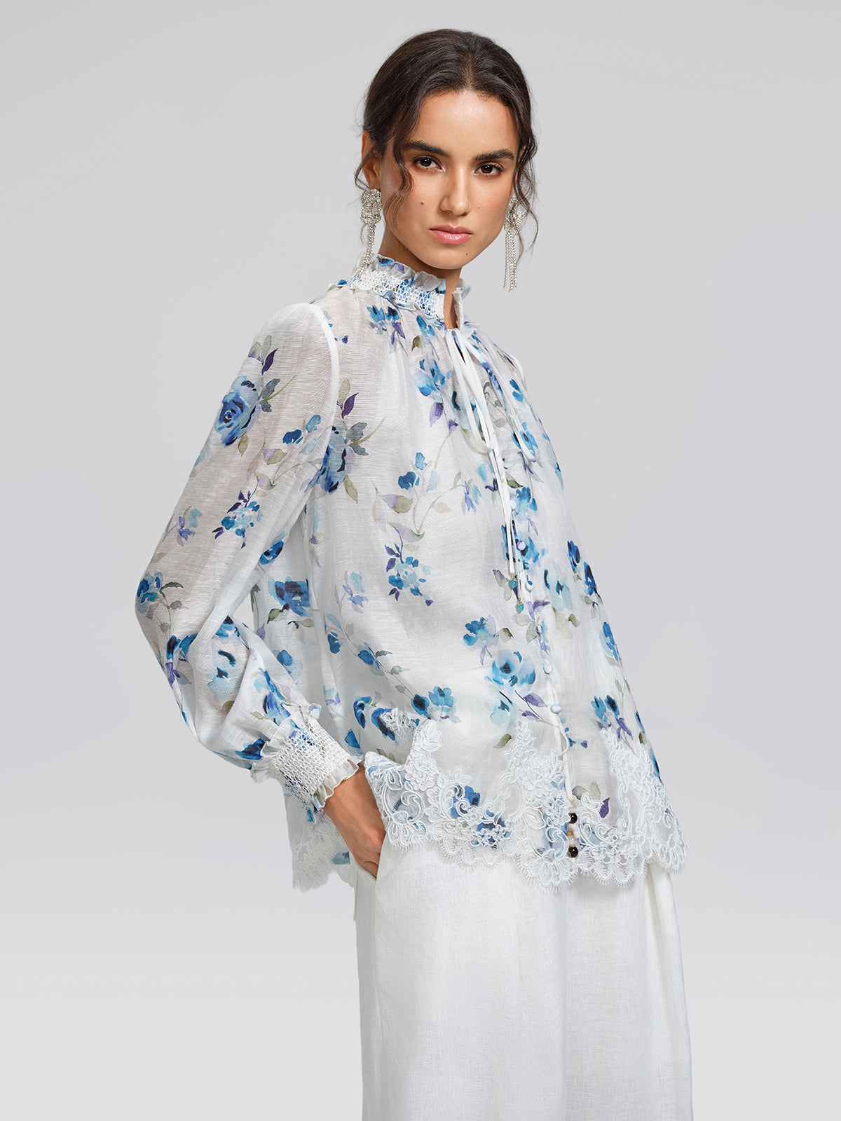 Floral Print Ruffled Lace Blouse(Camisole Included)
