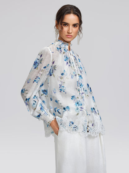 Floral Print Ruffled Lace Blouse(Camisole Included)