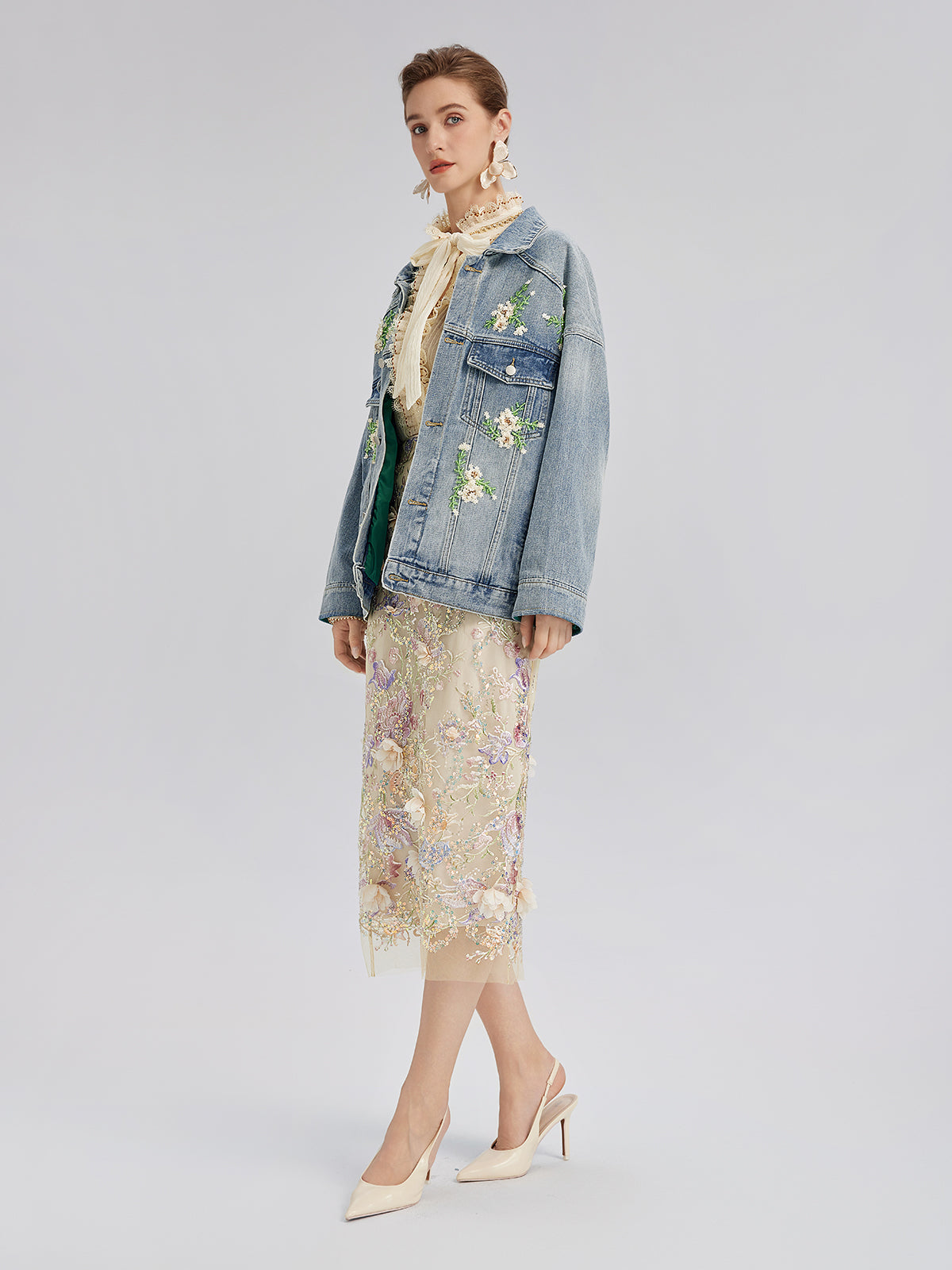 Hand-Beaded Washed Denim Jacket