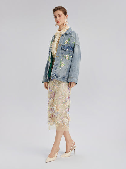Hand-Beaded Washed Denim Jacket