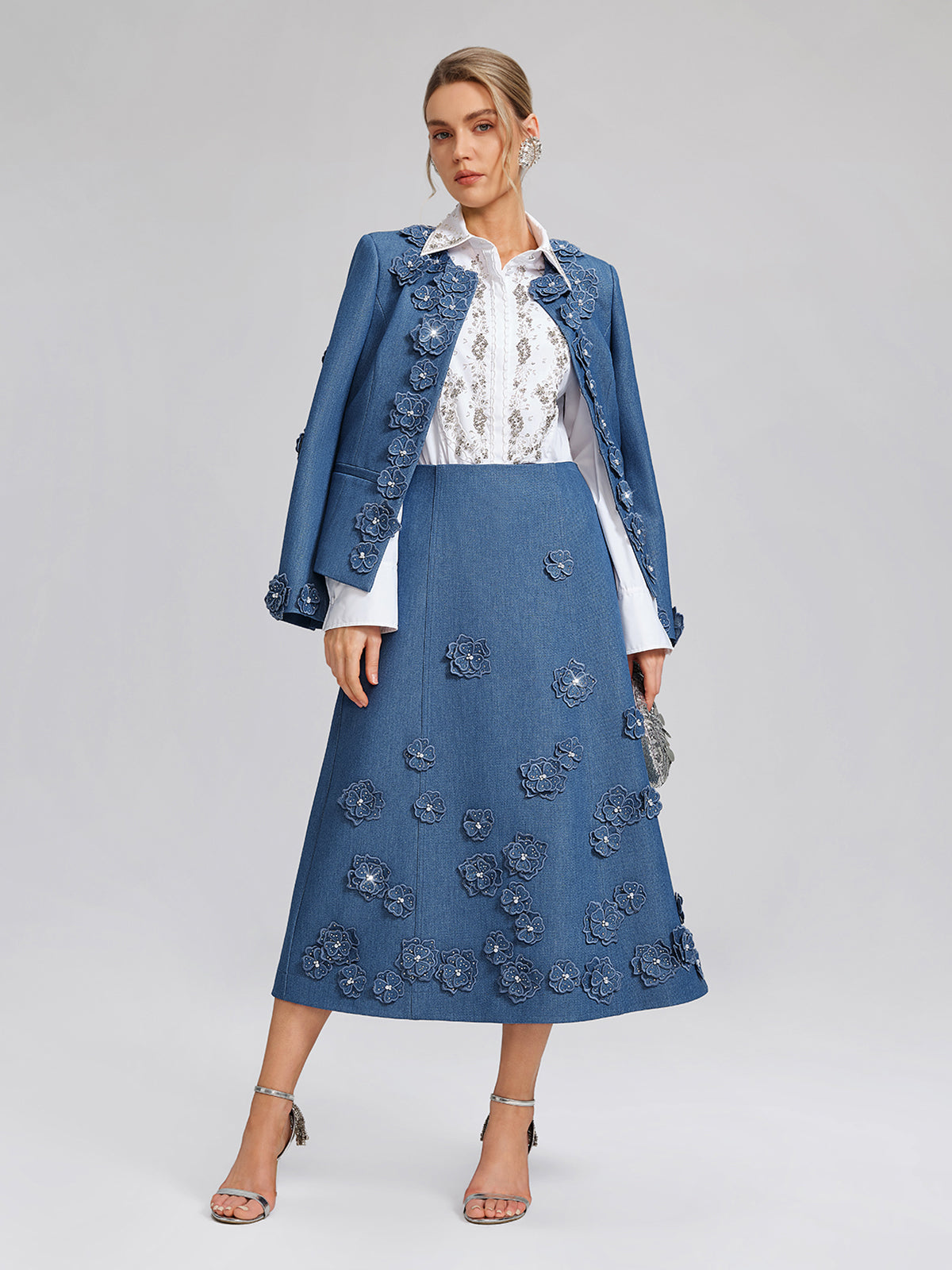 3D Floral Hand-Beaded Pearl Rhinestone Skirt