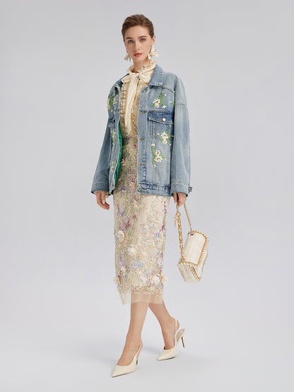 Hand-Beaded Washed Denim Jacket