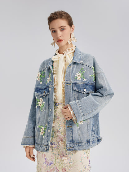 Hand-Beaded Washed Denim Jacket