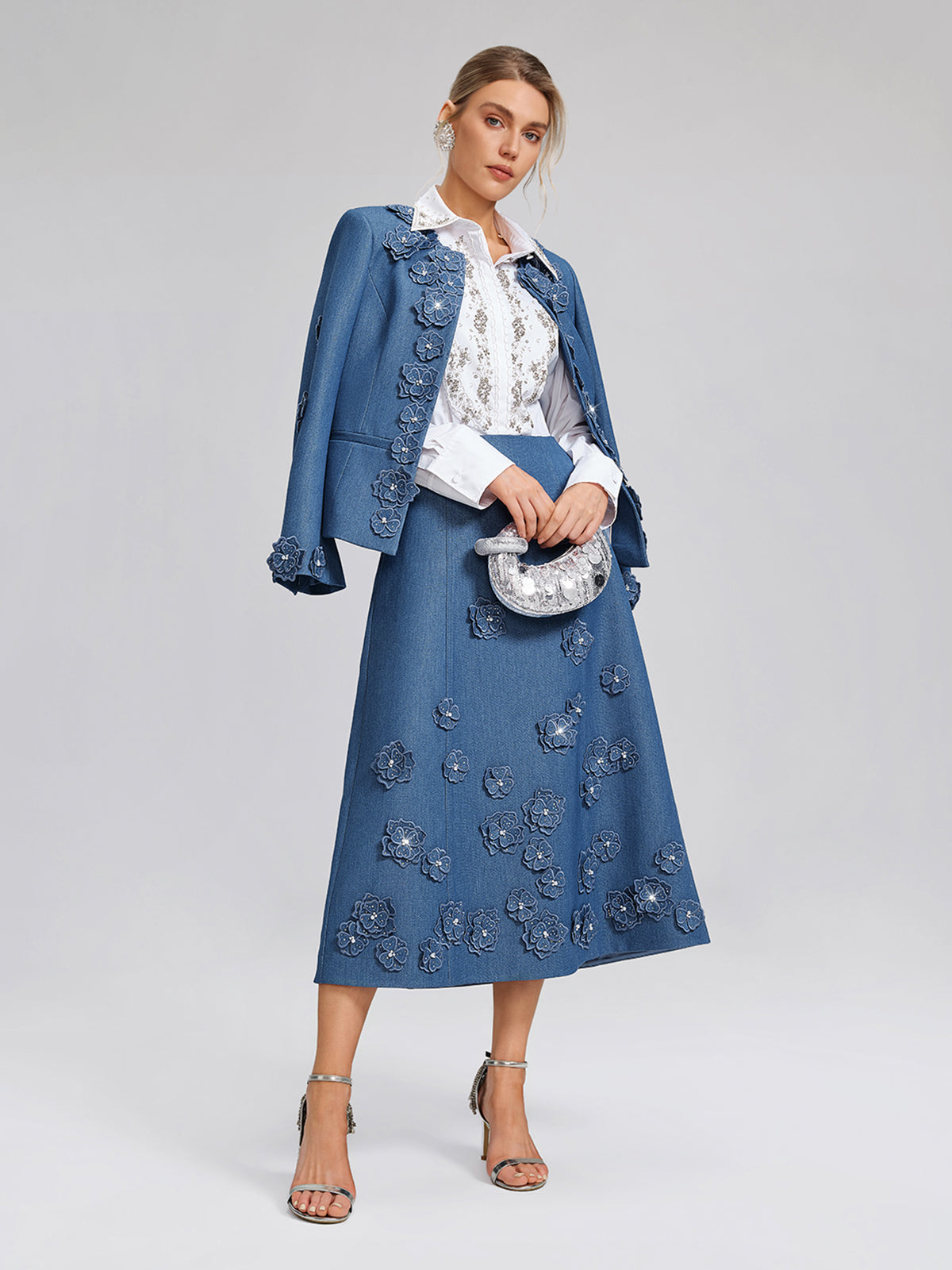 3D Floral Hand-Beaded Pearl Rhinestone Skirt