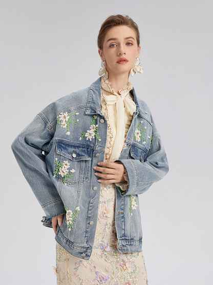 Hand-Beaded Washed Denim Jacket