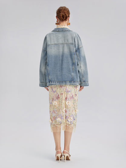 Hand-Beaded Washed Denim Jacket