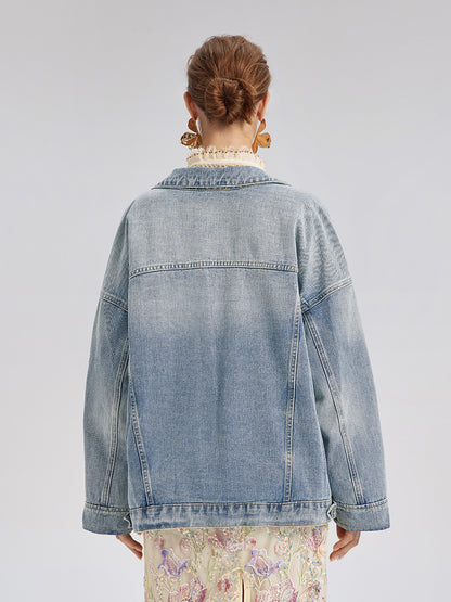 Hand-Beaded Washed Denim Jacket