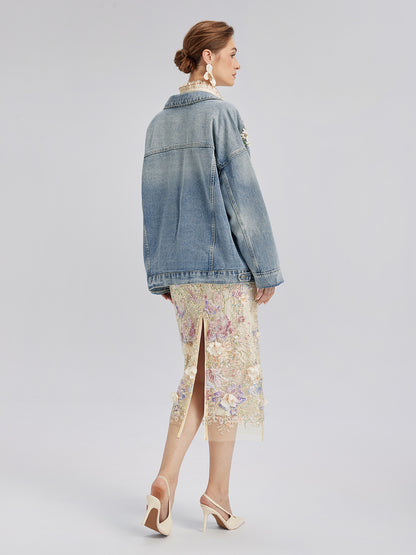 Hand-Beaded Washed Denim Jacket