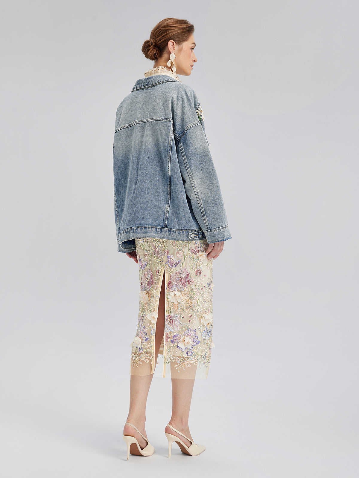 Hand-Beaded Washed Denim Jacket