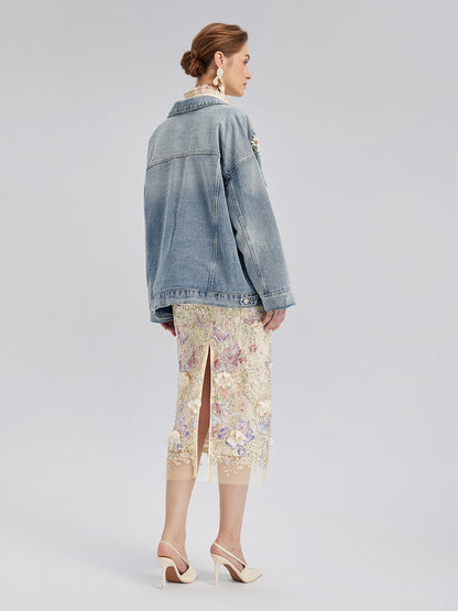 Hand-Beaded Washed Denim Jacket