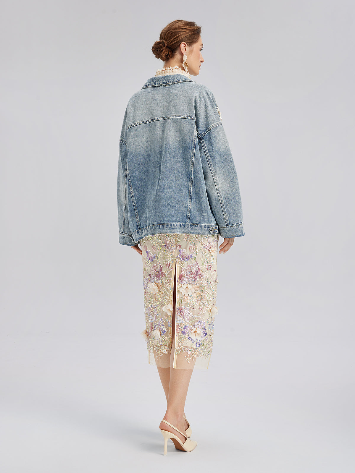Hand-Beaded Washed Denim Jacket