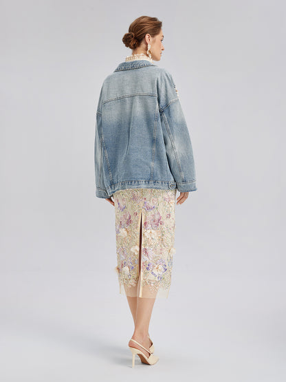 Hand-Beaded Washed Denim Jacket