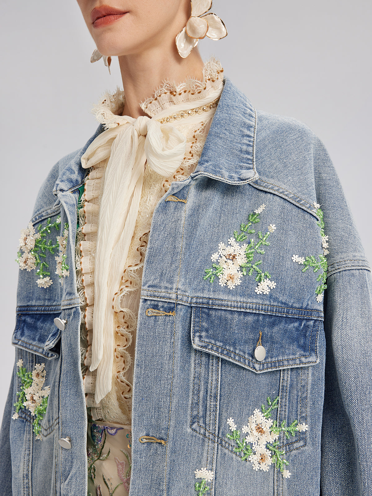 Hand-Beaded Washed Denim Jacket