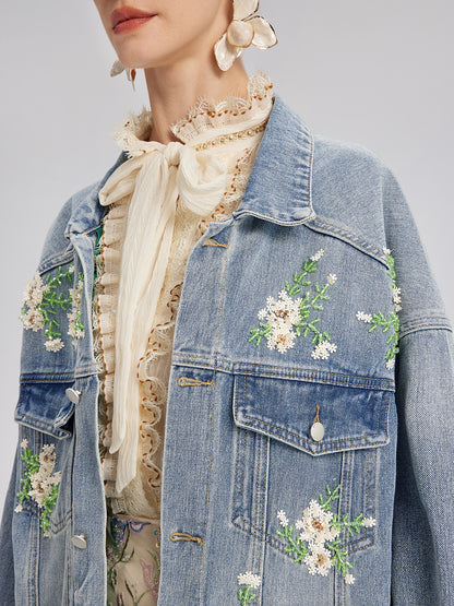Hand-Beaded Washed Denim Jacket