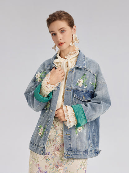 Hand-Beaded Washed Denim Jacket
