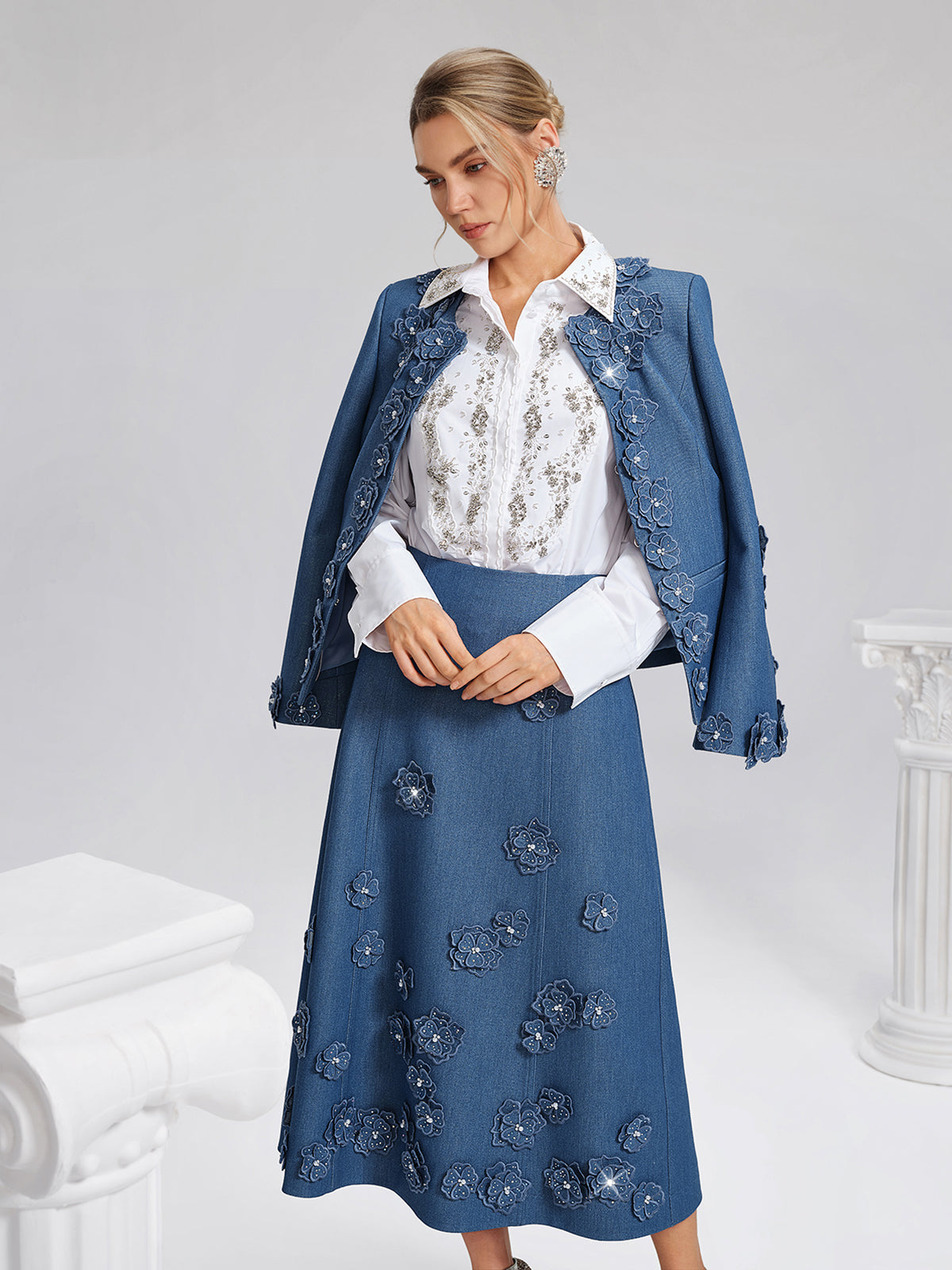 3D Floral Hand-Beaded Pearl Rhinestone Skirt