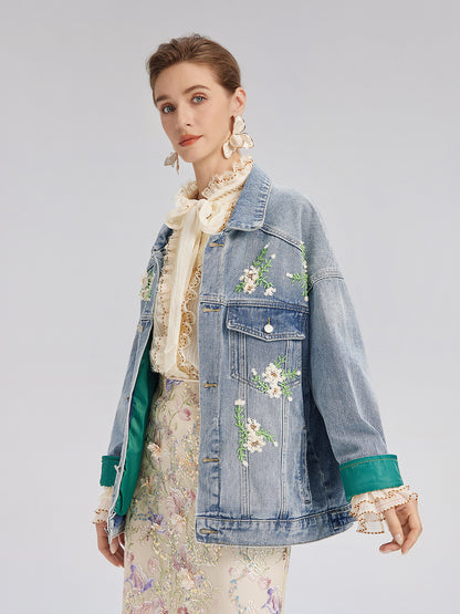 Hand-Beaded Washed Denim Jacket