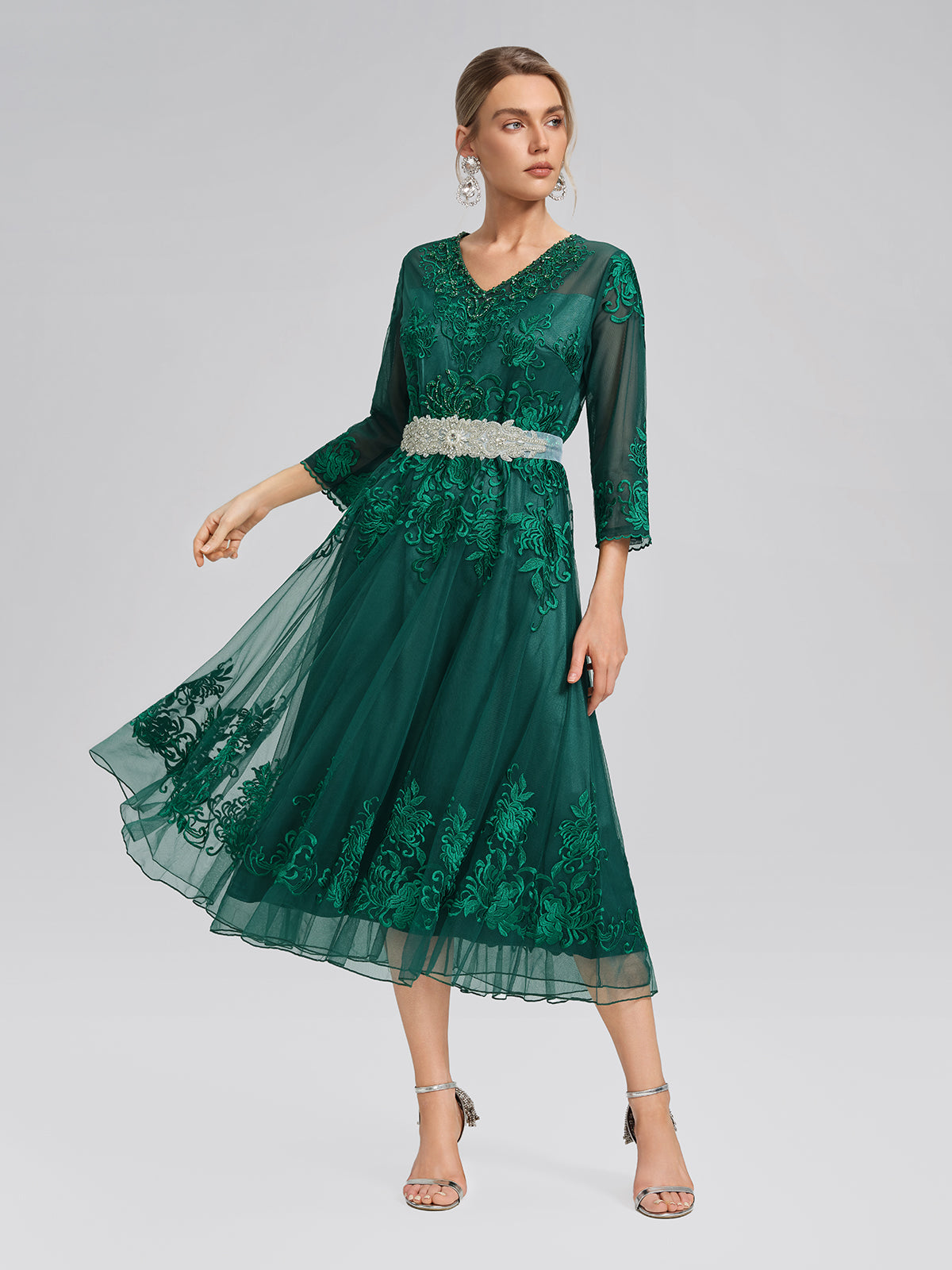 Floral Leaf Vine Embroidery Tulle Dress