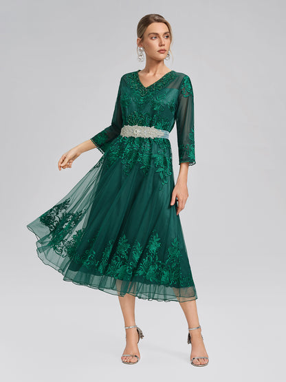 Floral Leaf Vine Embroidery Tulle Dress