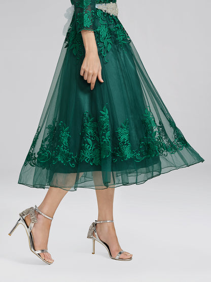 Floral Leaf Vine Embroidery Tulle Dress