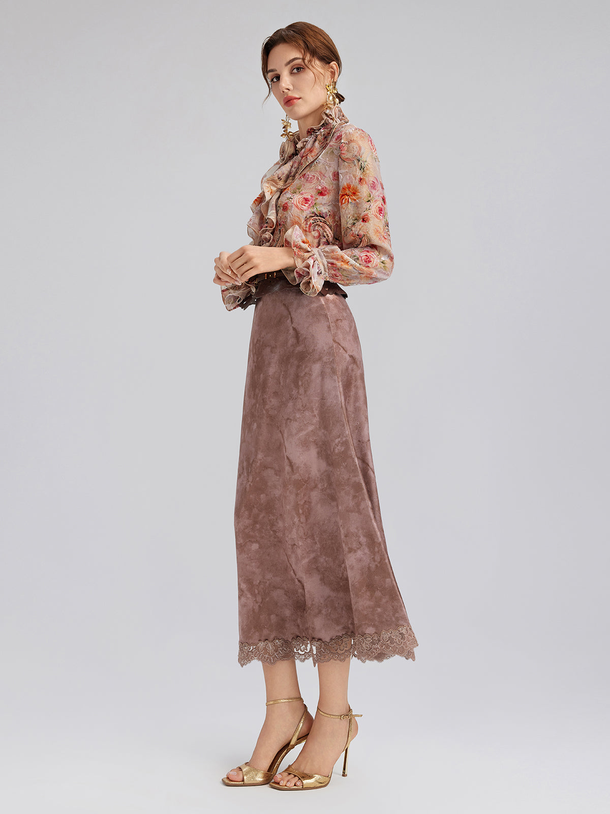 Chestnut Velvet Lace-Trim Fishtail Skirt