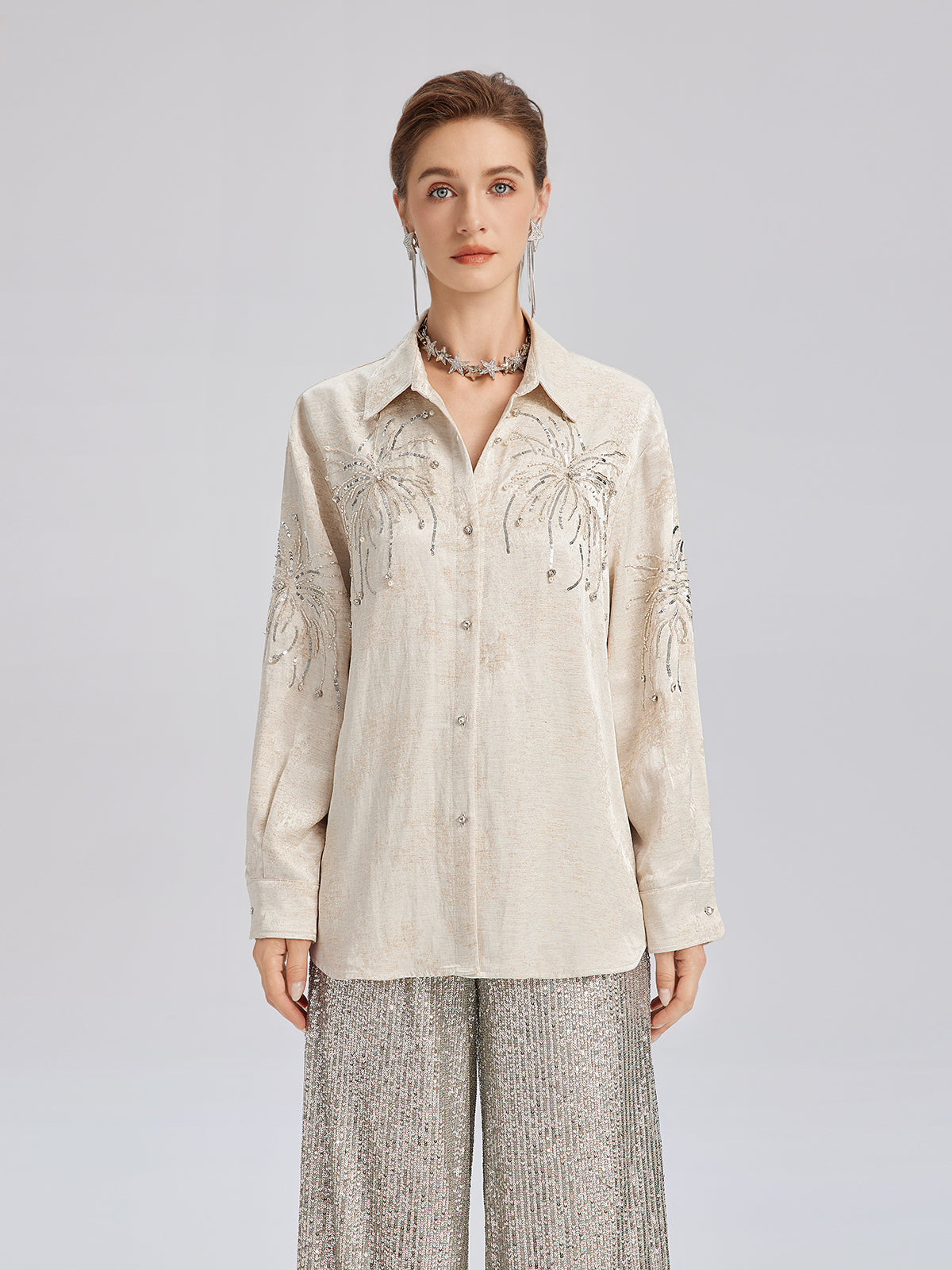 Hand-Beaded Embroidered Jacquard Shirt