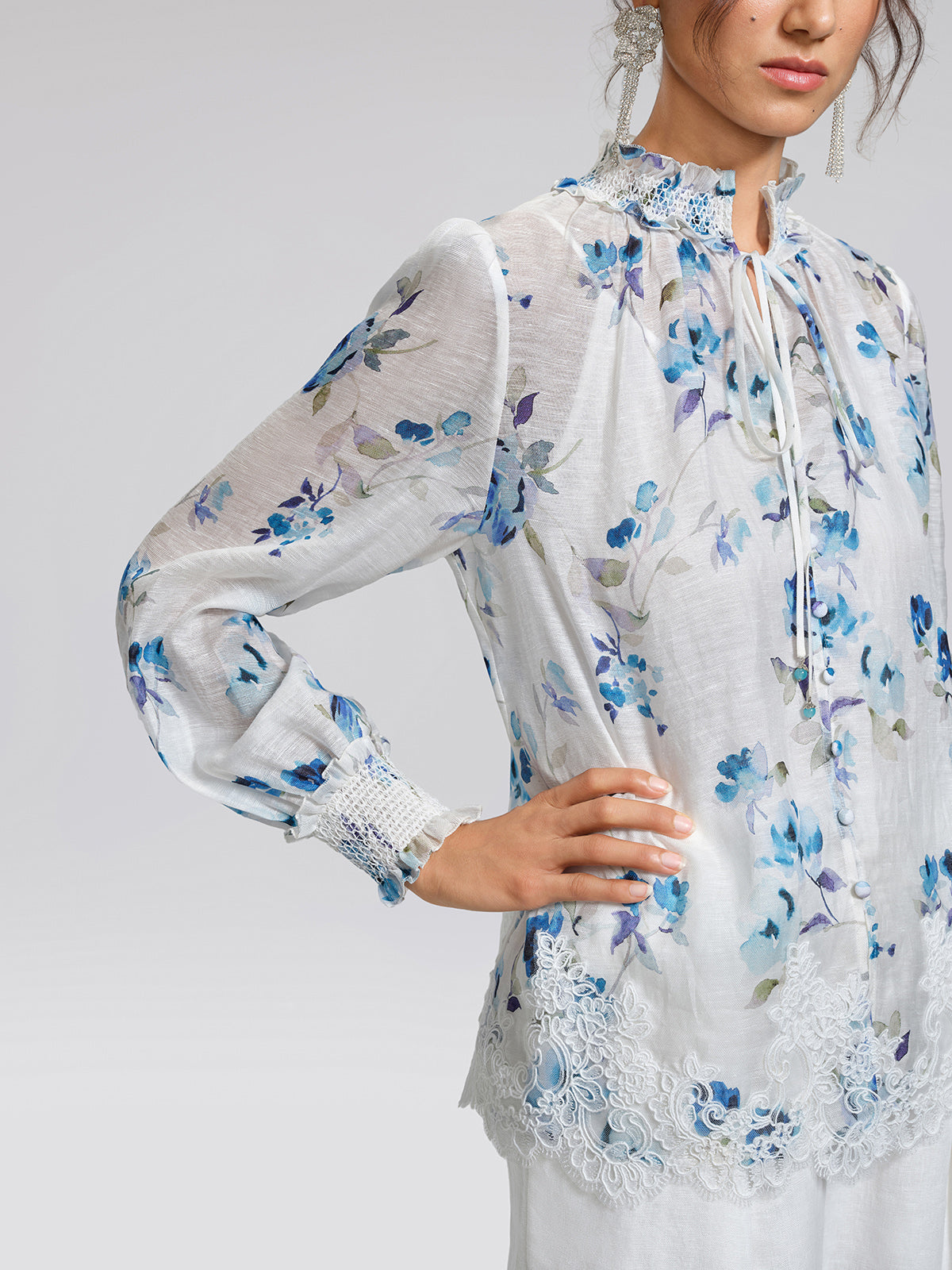 Floral Print Ruffled Lace Blouse(Camisole Included)