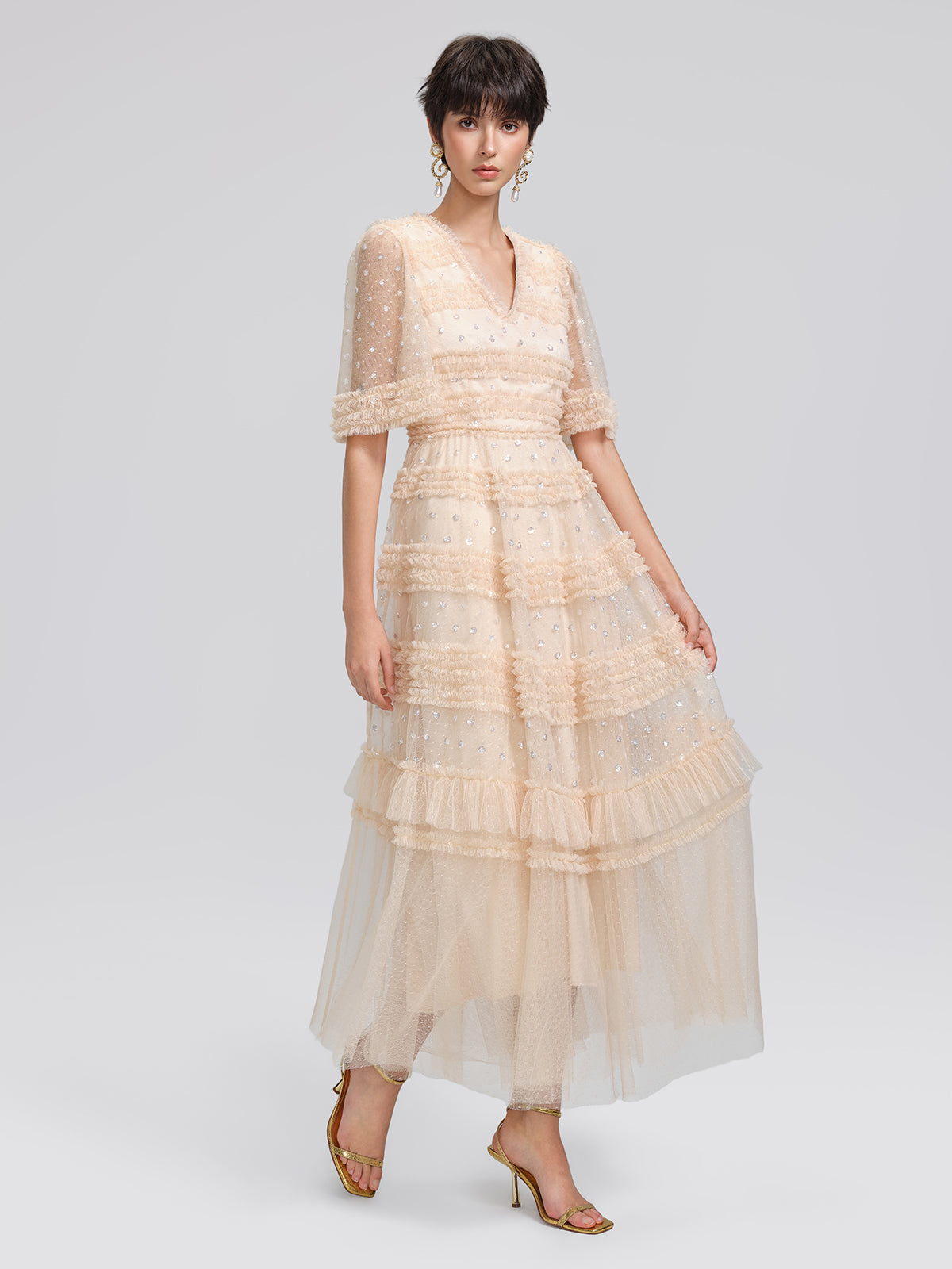 Sequin Embroidered Tulle Ruffled Maxi Dress