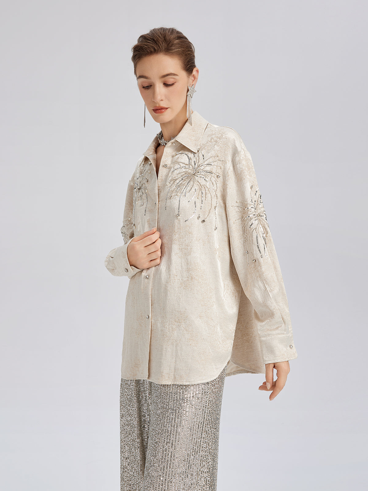 Hand-Beaded Embroidered Jacquard Shirt