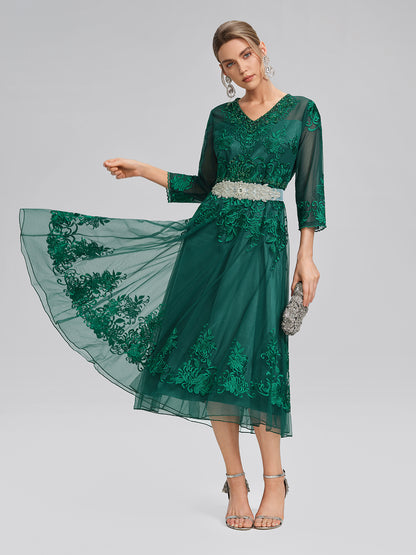Floral Leaf Vine Embroidery Tulle Dress