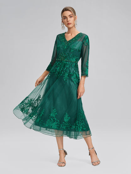 Floral Leaf Vine Embroidery Tulle Dress