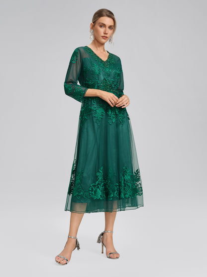 Floral Leaf Vine Embroidery Tulle Dress