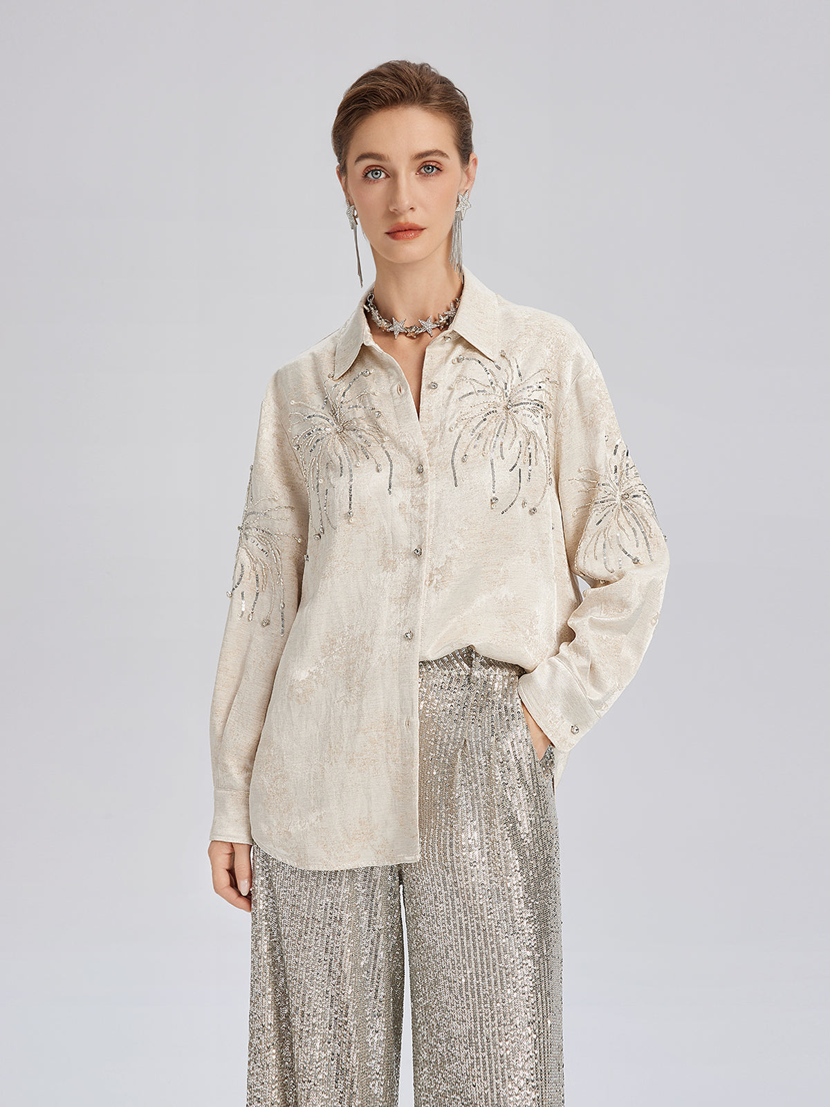 Hand-Beaded Embroidered Jacquard Shirt