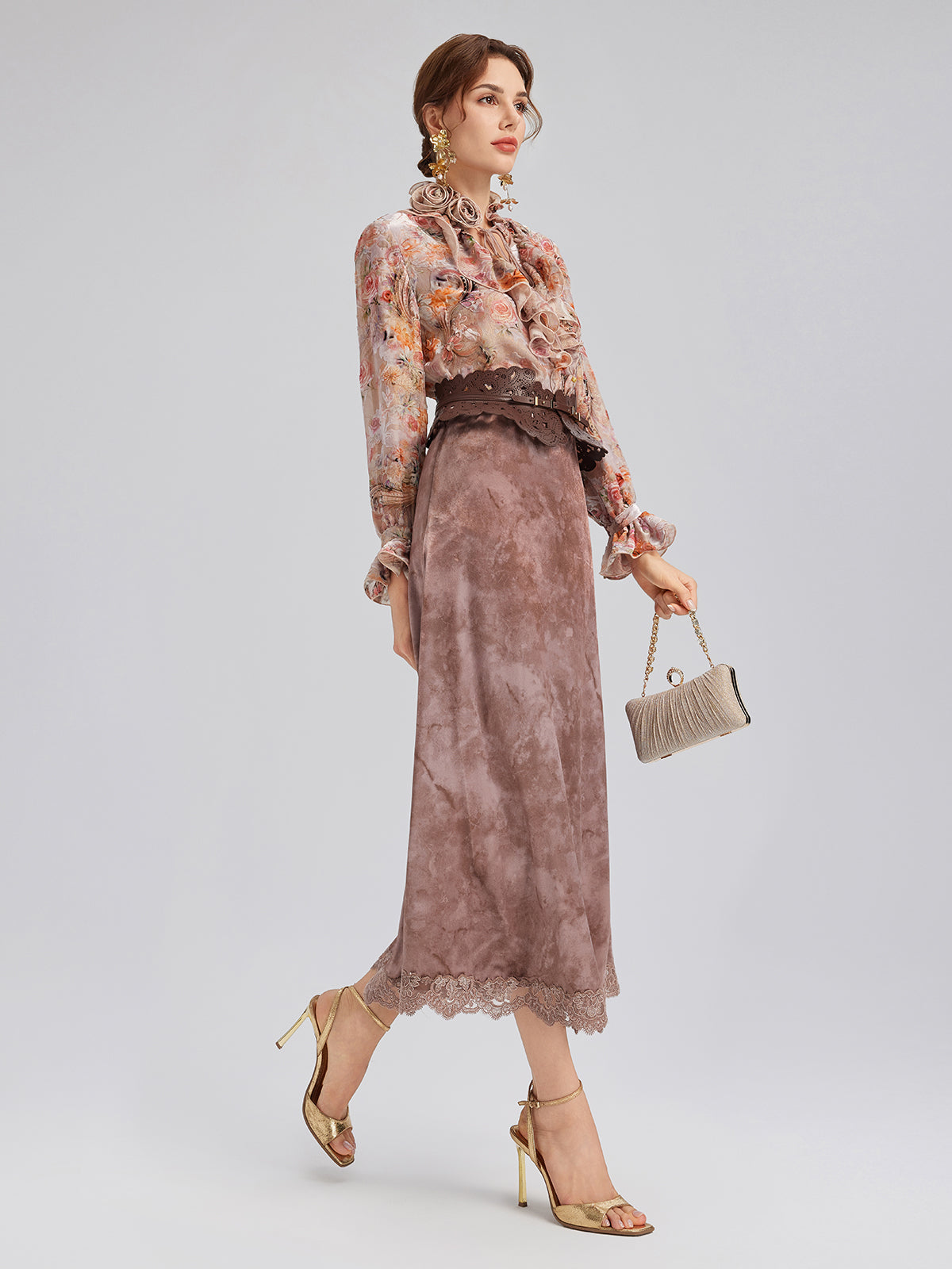 Chestnut Velvet Lace-Trim Fishtail Skirt