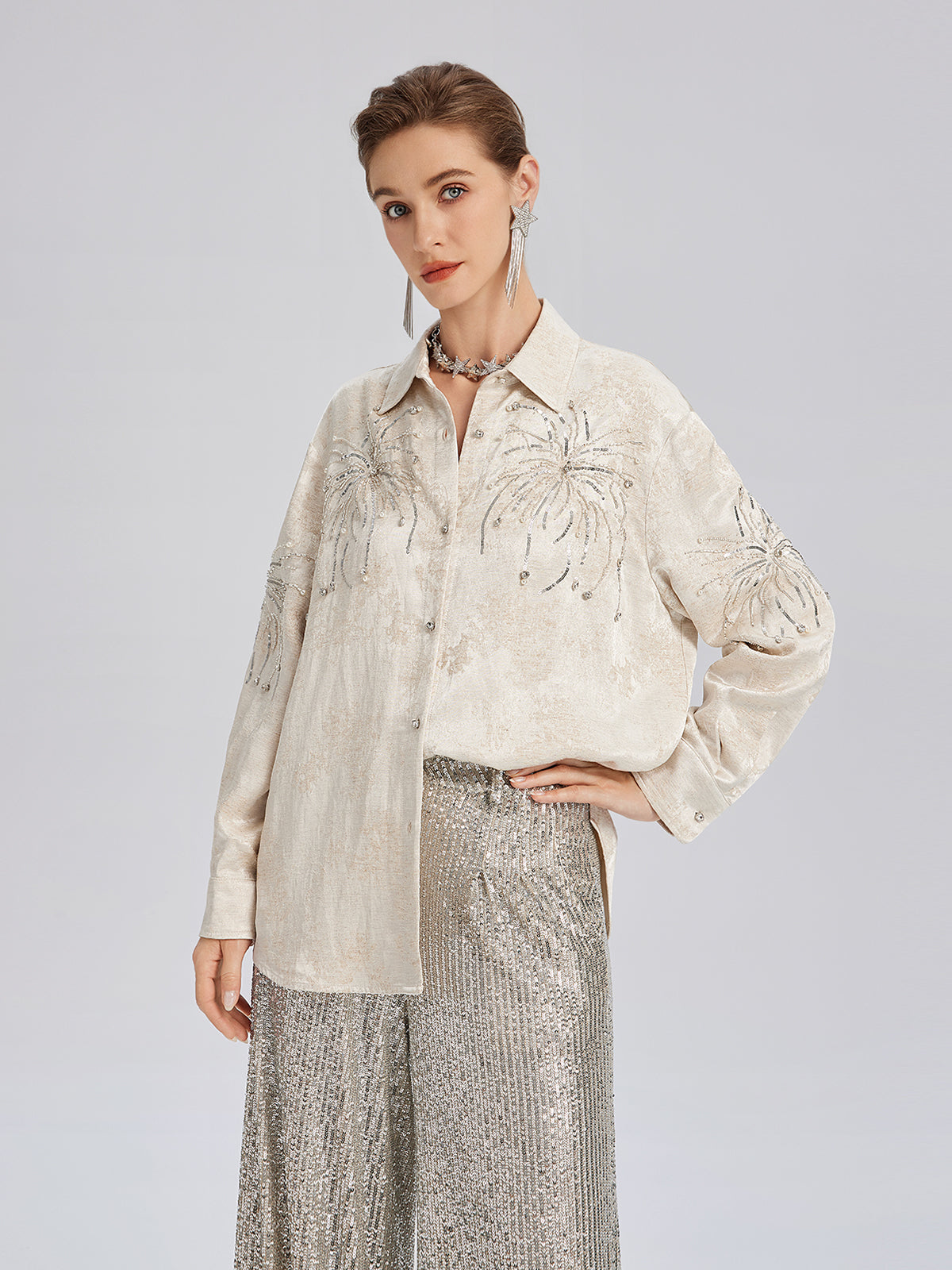 Hand-Beaded Embroidered Jacquard Shirt