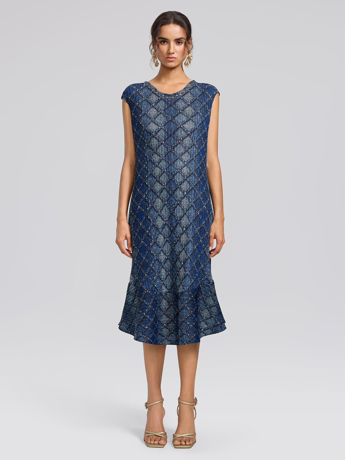 Pleated Diamond Print Mermaid Dress