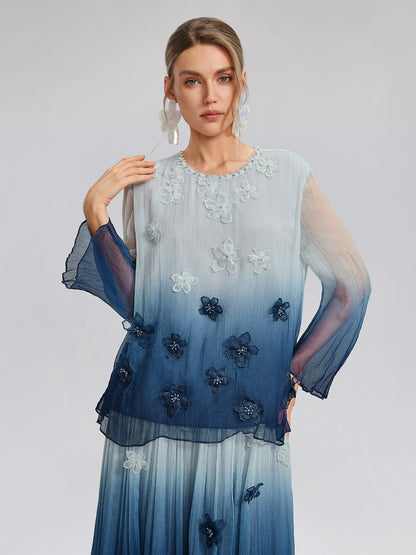 Eco Gradient-Dyed Floral-Embellished Blouse